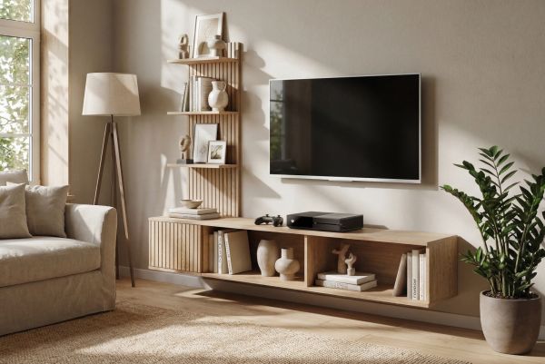 TV-Lowboard Set Sense in Cremona Eiche 180 cm, Flat-TV Unterschrank mit Streifenmuster h�ngend