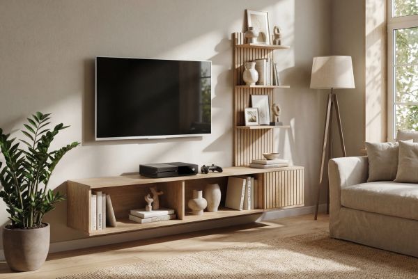 TV-Lowboard Set Sense in Cremona Eiche 180 cm, Flat-TV Unterschrank mit Streifenmuster h�ngend