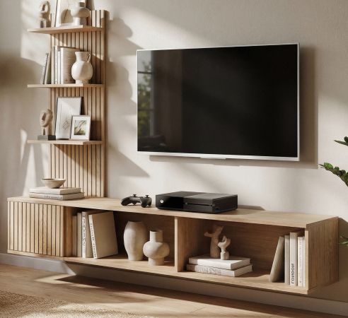 TV-Lowboard Set Sense in Cremona Eiche 180 cm, Flat-TV Unterschrank mit Streifenmuster h�ngend