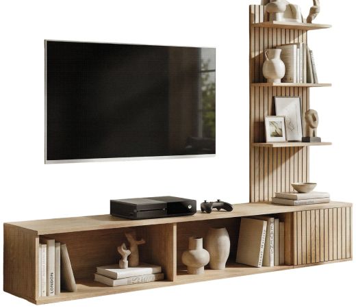 TV-Lowboard Set Sense in Cremona Eiche 180 cm, Flat-TV Unterschrank mit Streifenmuster h�ngend