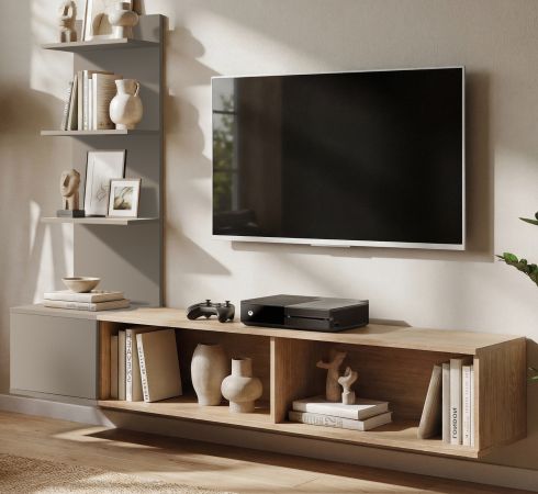 TV-Lowboard Set Sense in Cremona Eiche und Lehm-Grau 180 cm, Flat-TV Unterschrank h�ngend