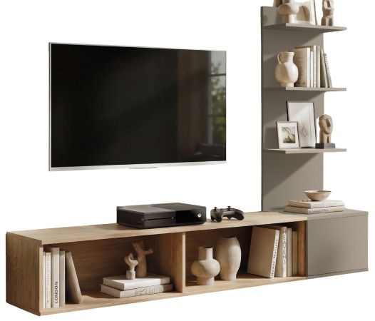 TV-Lowboard Set Sense in Cremona Eiche und Lehm-Grau 180 cm, Flat-TV Unterschrank h�ngend