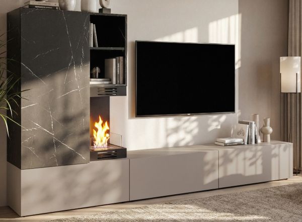 Wohnwand Cosy in Marmor schwarz und Lehm-Grau Schrankwand mit Ethanol Kamin 270 cm, Push-to-Open