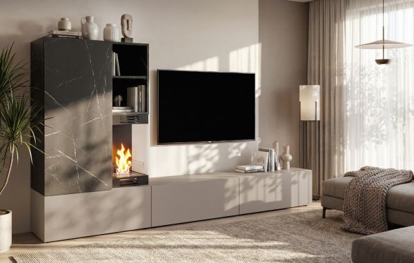 Wohnwand Cosy in Marmor schwarz und Lehm-Grau Schrankwand mit Ethanol Kamin 270 cm, Push-to-Open