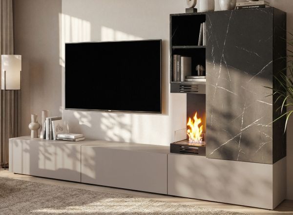 Wohnwand Cosy in Marmor schwarz und Lehm-Grau Schrankwand mit Ethanol Kamin 270 cm, Push-to-Open