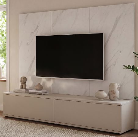 TV-Lowboard Set Charm in Kaschmir und Marmor wei� 180 cm, Flat-TV Unterschrank mit Wandpaneel, Push-To-Open