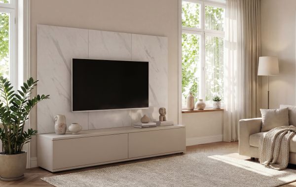 TV-Lowboard Set Charm in Kaschmir und Marmor wei� 180 cm, Flat-TV Unterschrank mit Wandpaneel, Push-To-Open