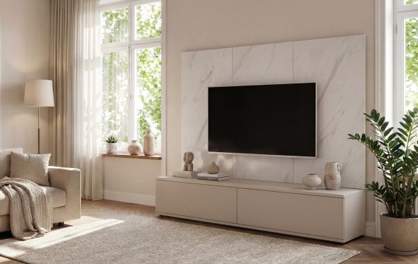 TV-Lowboard Set Charm in Kaschmir und Marmor wei� 180 cm, Flat-TV Unterschrank mit Wandpaneel, Push-To-Open