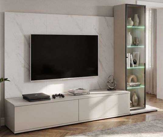 Wohnwand Charm in Kaschmir und Marmor wei�, Schrankwand 240 cm mit Beleuchtung, Push-To-Open