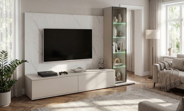 Wohnwand Charm in Kaschmir und Marmor wei�, Schrankwand 240 cm mit Beleuchtung, Push-To-Open