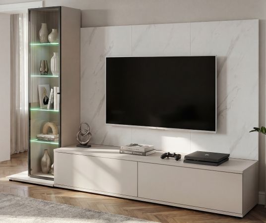 Wohnwand Charm in Kaschmir und Marmor wei�, Schrankwand 240 cm mit Beleuchtung, Push-To-Open