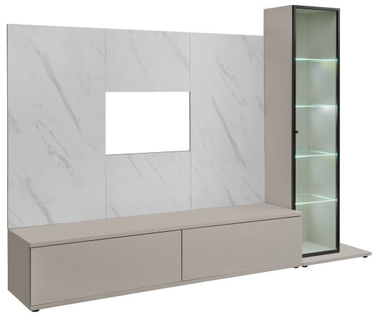 Wohnwand Charm in Kaschmir und Marmor wei�, Schrankwand 240 cm mit Beleuchtung, Push-To-Open