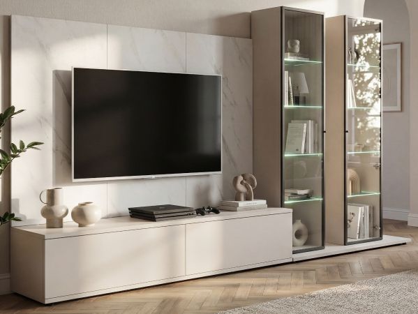 Wohnwand Charm in Kaschmir und Marmor wei�, Anbauwand 300 cm mit Beleuchtung, Push-To-Open