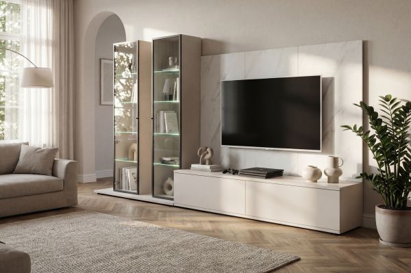 Wohnwand Charm in Kaschmir und Marmor wei�, Anbauwand 300 cm mit Beleuchtung, Push-To-Open
