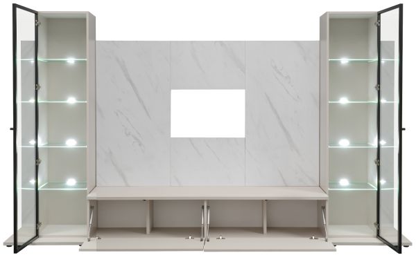Wohnwand Charm in Kaschmir und Marmor wei�, Anbauwand 300 cm mit Beleuchtung, Push-To-Open