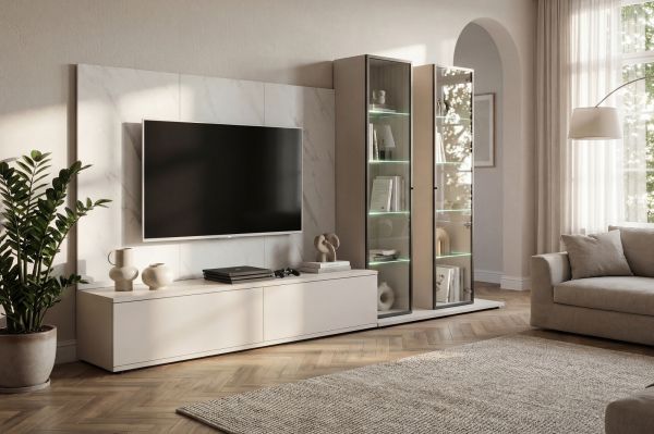 Wohnwand Charm in Kaschmir und Marmor wei�, Anbauwand 300 cm mit Beleuchtung, Push-To-Open
