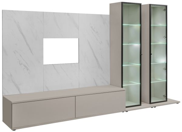Wohnwand Charm in Kaschmir und Marmor wei�, Anbauwand 300 cm mit Beleuchtung, Push-To-Open