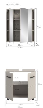 Badm�bel Set 2-teilig Cover in Kaschmir Badkombination auf Rollen 60 x 185 cm