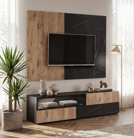 TV-Lowboard Set Starlet in schwarz, Vicking Eiche und Marmor schwarz 160 cm, Flat-TV Unterschrank mit Wandpaneel, Push-To-Open