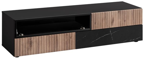 TV-Lowboard Set Starlet in schwarz, Vicking Eiche und Marmor schwarz 160 cm, Flat-TV Unterschrank mit Wandpaneel, Push-To-Open