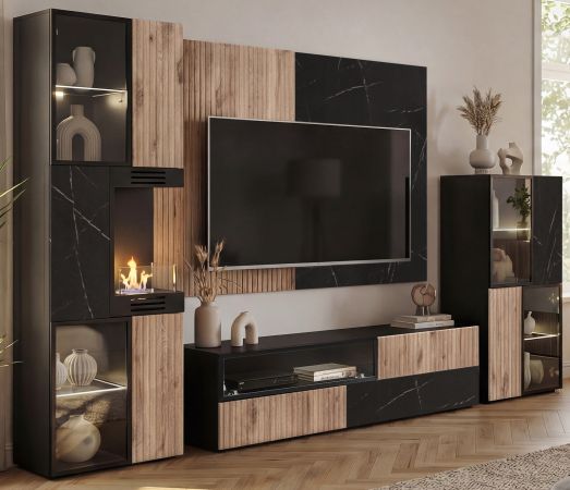 Wohnwand Starlet in schwarz, Vicking Eiche und Marmor schwarz, Schrankwand mit Ethanol Kamin und LED, 300 cm