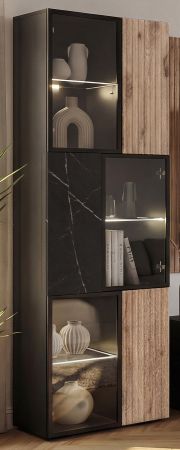 Vitrine Starlet in schwarz, Vicking Eiche und Marmor schwarz Vitrinenschrank inkl. LED 60 x 182 cm, Push-To-Open