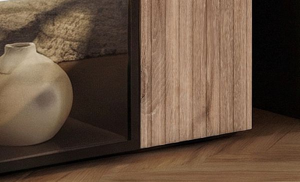 Vitrine Starlet in schwarz, Vicking Eiche und Marmor schwarz Vitrinenschrank inkl. LED 60 x 182 cm, Push-To-Open