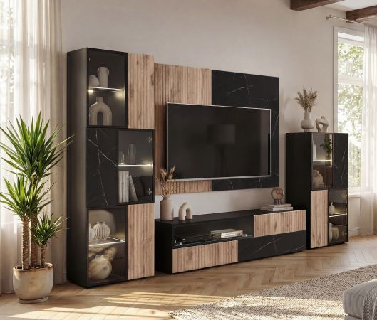 Vitrine Starlet in schwarz, Vicking Eiche und Marmor schwarz Vitrinenschrank inkl. LED 60 x 182 cm, Push-To-Open