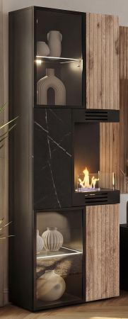 Vitrine Starlet in schwarz, Vicking Eiche und Marmor schwarz Vitrinenschrank inkl. Kamin & LED 60 x 182 cm, Push-To-Open