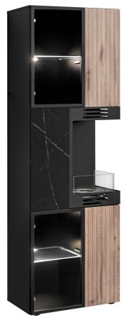 Vitrine Starlet in schwarz, Vicking Eiche und Marmor schwarz Vitrinenschrank inkl. Kamin & LED 60 x 182 cm, Push-To-Open