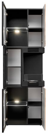 Vitrine Starlet in schwarz, Vicking Eiche und Marmor schwarz Vitrinenschrank inkl. Kamin & LED 60 x 182 cm, Push-To-Open