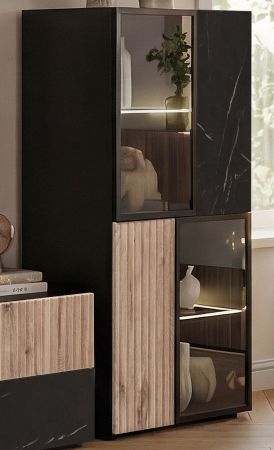 Vitrine Starlet in schwarz, Vicking Eiche und Marmor schwarz Vitrinenschrank inkl. LED 60 x 122 cm, Push-To-Open