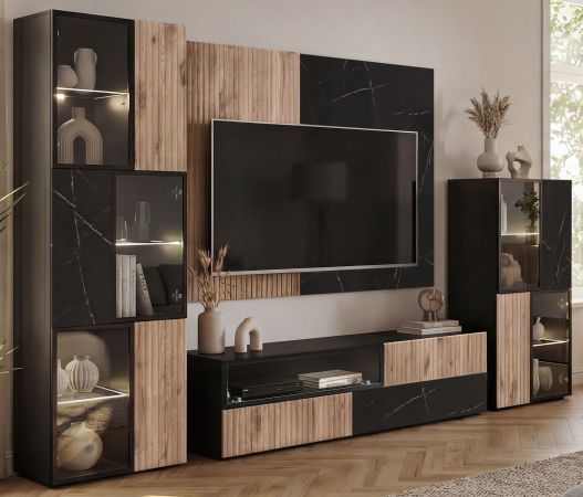 Vitrine Starlet in schwarz, Vicking Eiche und Marmor schwarz Vitrinenschrank inkl. LED 60 x 122 cm, Push-To-Open