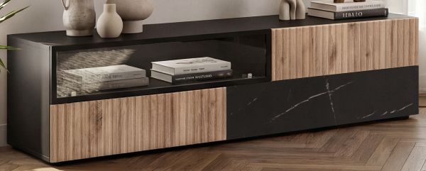 TV-Lowboard Starlet in schwarz, Vicking Eiche und Marmor schwarz TV-M�bel 160 x 42 cm, Push-To-Open