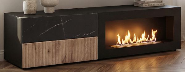 TV-Lowboard Starlet in schwarz, Vicking Eiche und Marmor schwarz TV-M�bel mit Ethanol Kamin, Push-To-Open, 160 x 42 cm