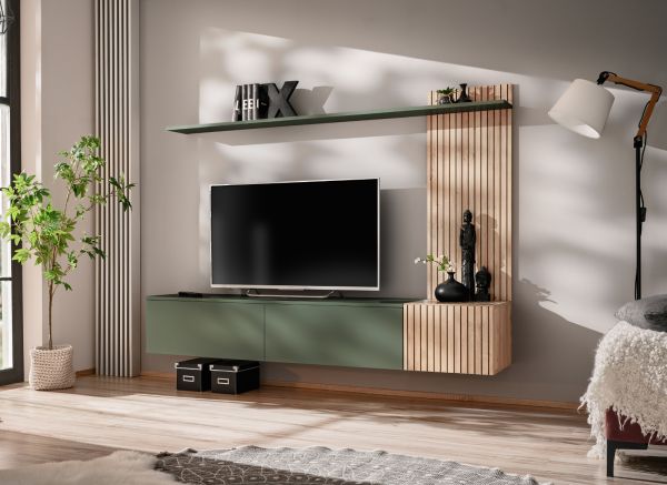 Wohnwand Madina in gr�n matt und Hickory Eiche Schrankwand h�ngend 180 cm, Push-to-Open