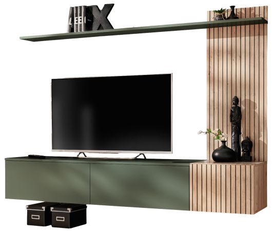 Wohnwand Madina in gr�n matt und Hickory Eiche Schrankwand h�ngend 180 cm, Push-to-Open