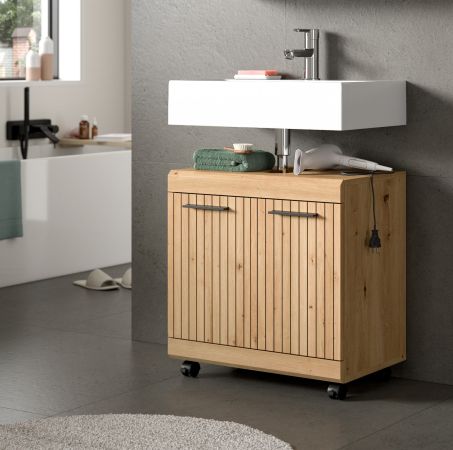 Waschbeckenunterschrank Shawn in Artisan Eiche Badezimmer Unterschrank auf Rollen 60 cm