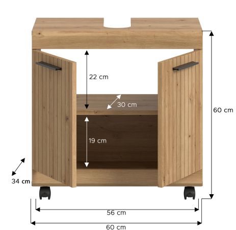 Waschbeckenunterschrank Shawn in Artisan Eiche Badezimmer Unterschrank auf Rollen 60 cm