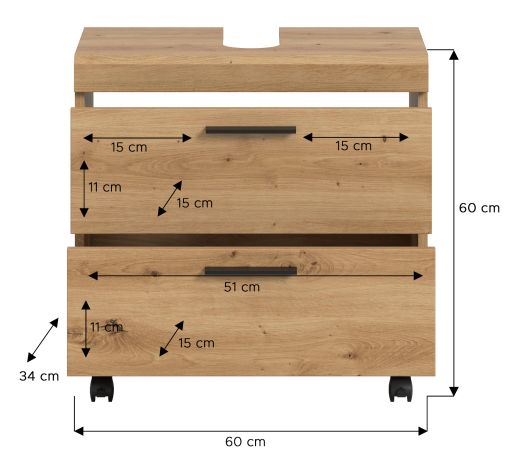 Waschbeckenunterschrank Shawn in Artisan Eiche Badezimmer Unterschrank auf Rollen 60 cm