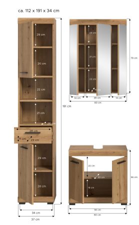 Badm�bel Set 3-teilig Shawn in Artisan Eiche Badkombination 112 x 191 cm