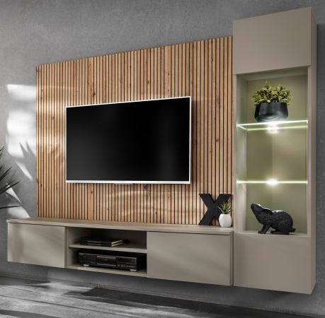 Wohnwand iLike in Lehm-Grau und Artisan Eiche 200 cm, inklusive LED Beleuchtung und Push-to-Open