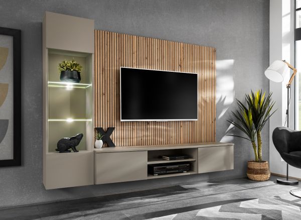 Wohnwand iLike in Lehm-Grau und Artisan Eiche 200 cm, inklusive LED Beleuchtung und Push-to-Open