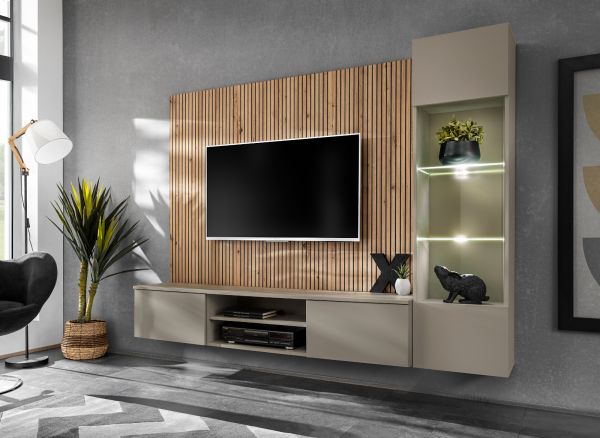 Wohnwand iLike in Lehm-Grau und Artisan Eiche 200 cm, inklusive LED Beleuchtung und Push-to-Open