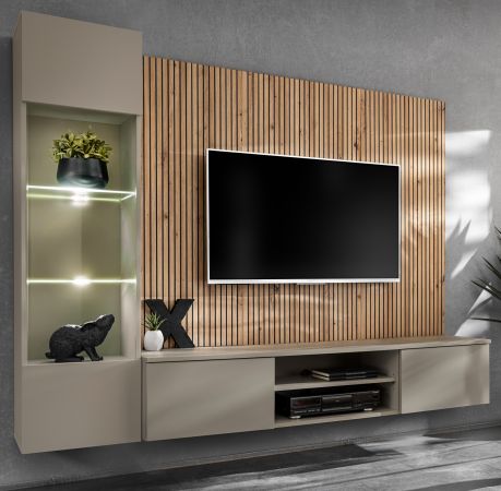 Wohnwand iLike in Lehm-Grau und Artisan Eiche 200 cm, inklusive LED Beleuchtung und Push-to-Open