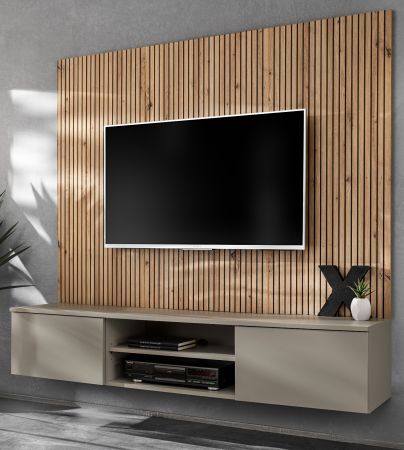 TV-Lowboard Set iLike in Lehm-Grau und Artisan Eiche 160 cm, Flat-TV Unterschrank mit Akustikpaneel