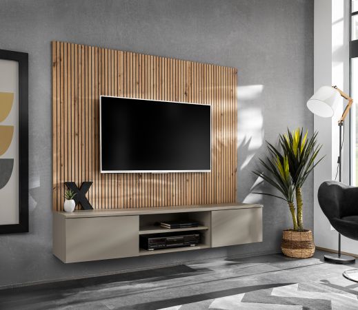 TV-Lowboard Set iLike in Lehm-Grau und Artisan Eiche 160 cm, Flat-TV Unterschrank mit Akustikpaneel