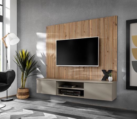 TV-Lowboard Set iLike in Lehm-Grau und Artisan Eiche 160 cm, Flat-TV Unterschrank mit Akustikpaneel