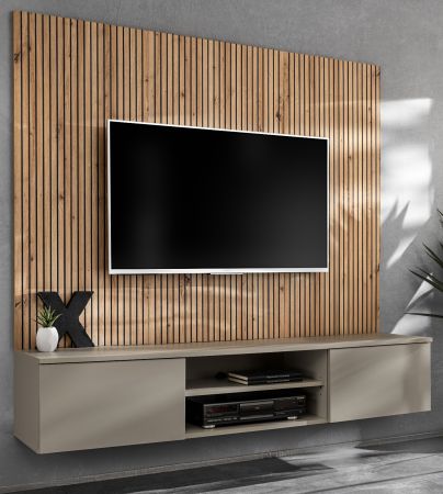 TV-Lowboard Set iLike in Lehm-Grau und Artisan Eiche 160 cm, Flat-TV Unterschrank mit Akustikpaneel