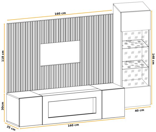 Wohnwand iLike in Lehm-Grau, schwarz und Artisan Eiche, inklusive Ethanol Kamin und Beleuchtung, 200 cm